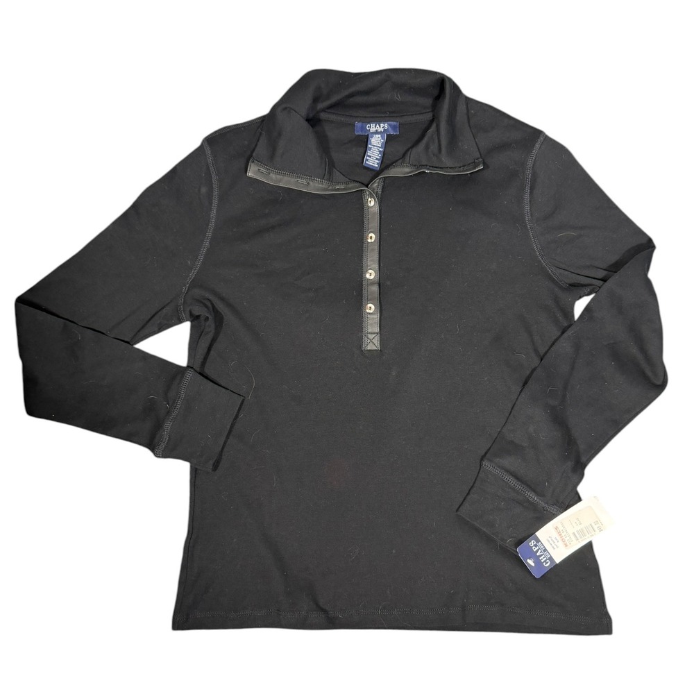 Chaps‎ Polo Shirt Womens Large Black Faux Leather Trim Snap Long Sleeve NEW